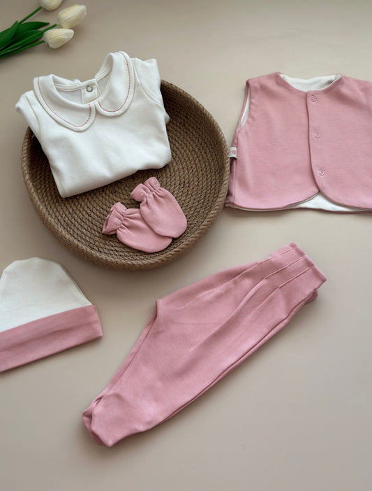 Dusty Rose 5-Pack Hospital Set (Vest, Snap Bodysuit, Pleated Trousers, Beanie, Gloves)