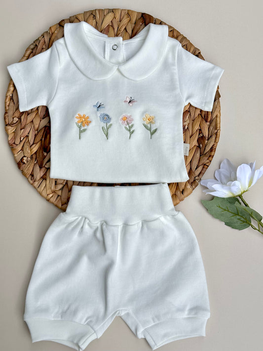 Kelebek ve Çiçek Nakışlı Çıtçıtlı Kısa Kollu Body ve Ekru Penye Balon Şort Takım / Jardin