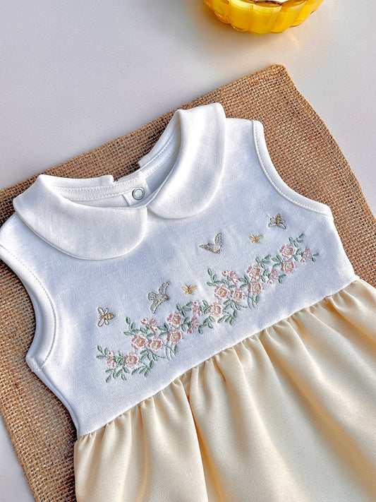Vintage Çiçek Nakışlı Sarı Kız Bebek Yazlık Romper