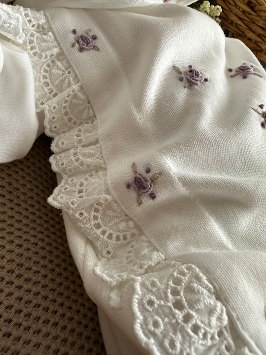 Purple Multi-Flowered Jumpsuit and Flat Hat