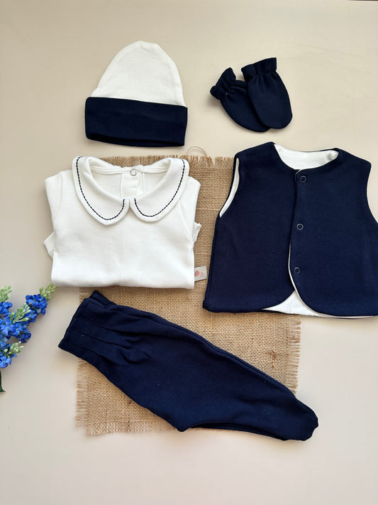 Navy Blue 5-Piece Hospital Set (Vest, Snap Bodysuit, Pleated Trousers, Beanie, Gloves)