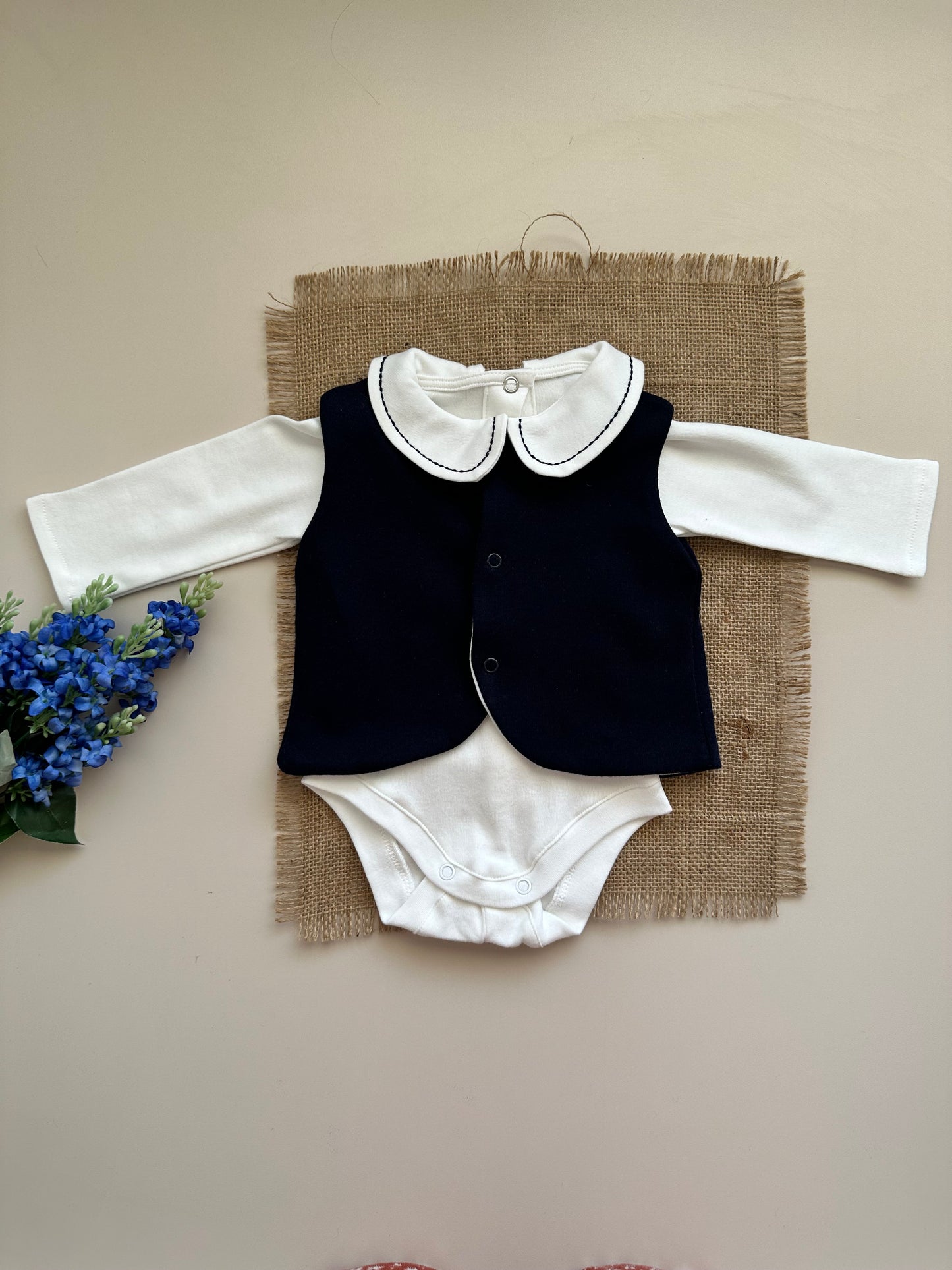 Navy Blue 5-Piece Hospital Set (Vest, Snap Bodysuit, Pleated Trousers, Beanie, Gloves)