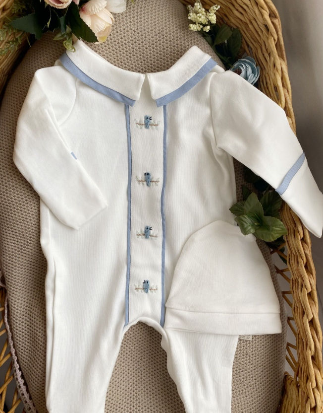 Hand Embroidered Blue Bird Newborn Onesie and Hat