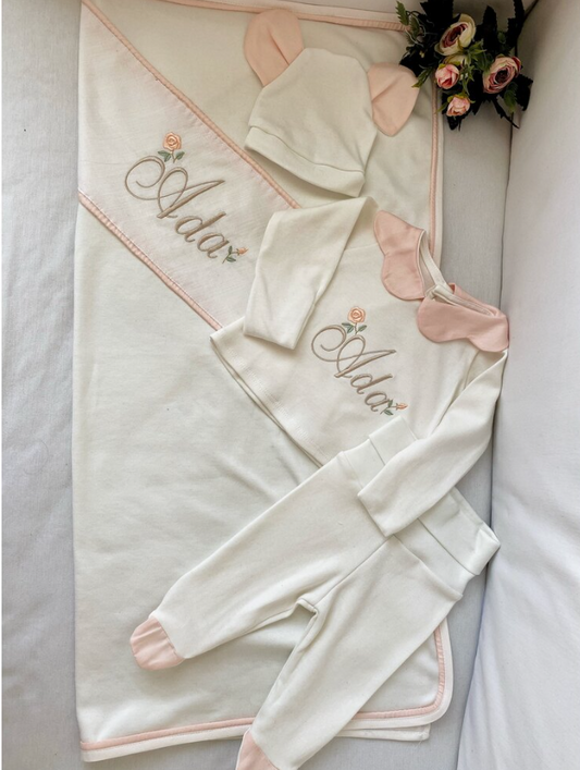 Flower Collar, Booties, Bottom Gloves, Top, Hat and Blanket, Hospital Exit