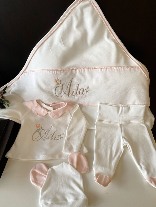 Flower Collar, Booties, Bottom Gloves, Top, Hat and Blanket, Hospital Exit