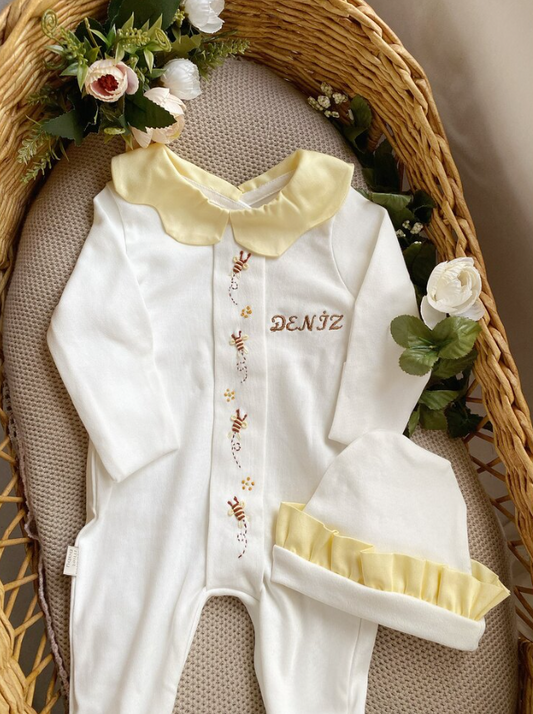Hand Embroidered Girl Bee Overalls and Hat