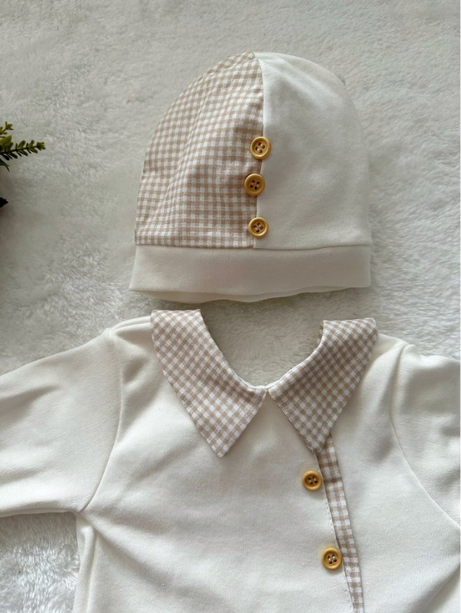 Milky Coffee Plaid Fabric Detailed Newborn Romper and Hat