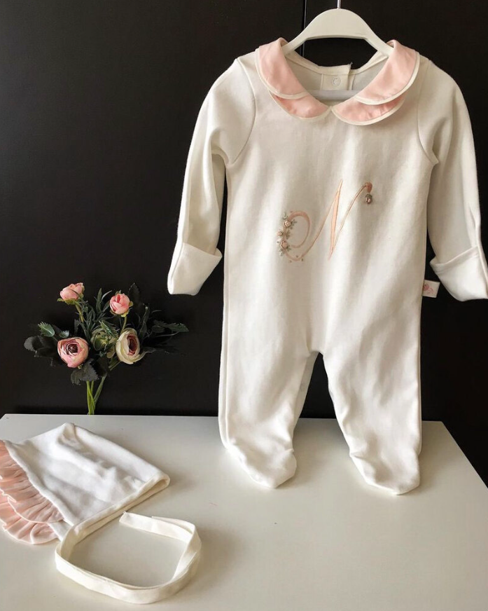 Hand Embroidered Salmon Colored Overalls and Hat with Initials