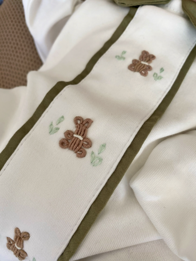 Hand Embroidered Teddy Bear Overalls and Ruffled Beanie Hat - Khaki