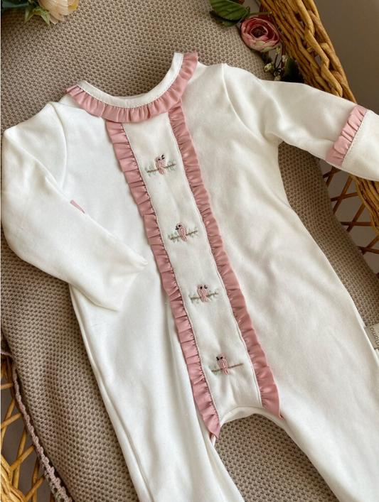 Hand Embroidered Girl Bird Overalls and Hat