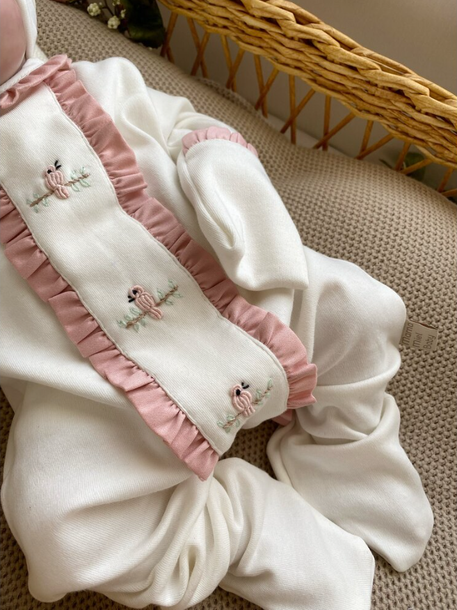 Hand Embroidered Girl Bird Overalls and Hat