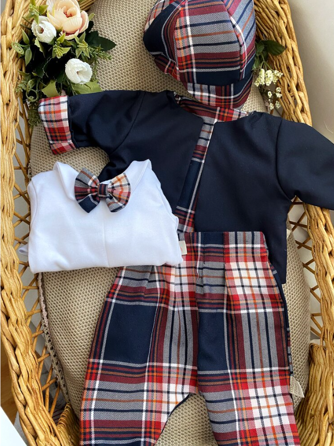 Navy Blue Plaid Suit (Snap-On Bodysuit, Bow Tie, Bootie Trousers, Reversible Jacket, Cap)