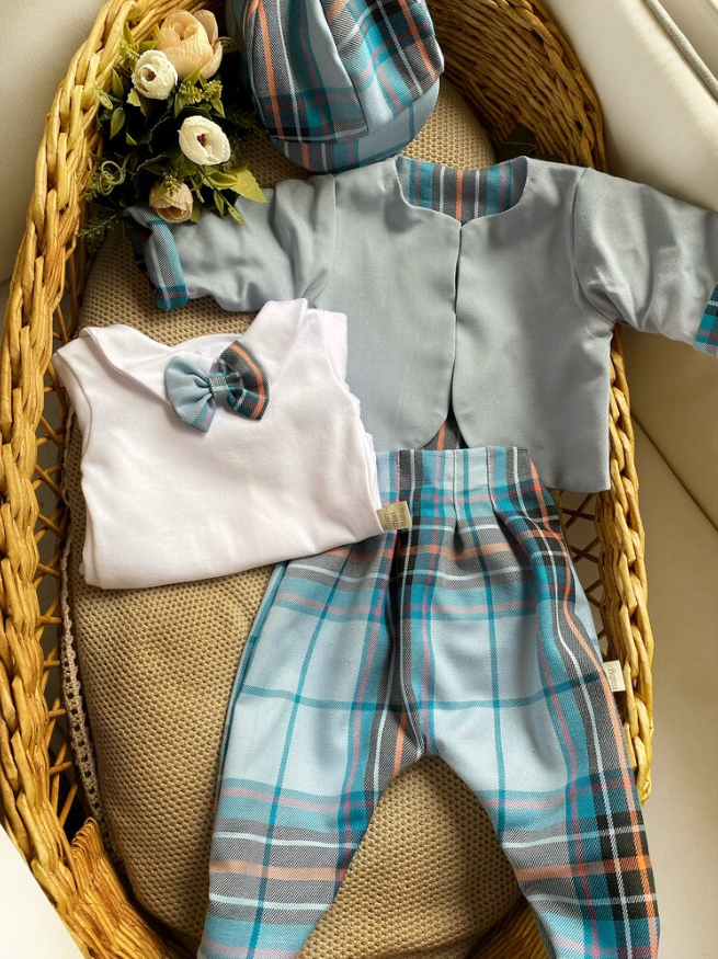 Blue Plaid Suit (Snap-On Bodysuit, Bow Tie, Bootie Trousers, Reversible Jacket, Cap)