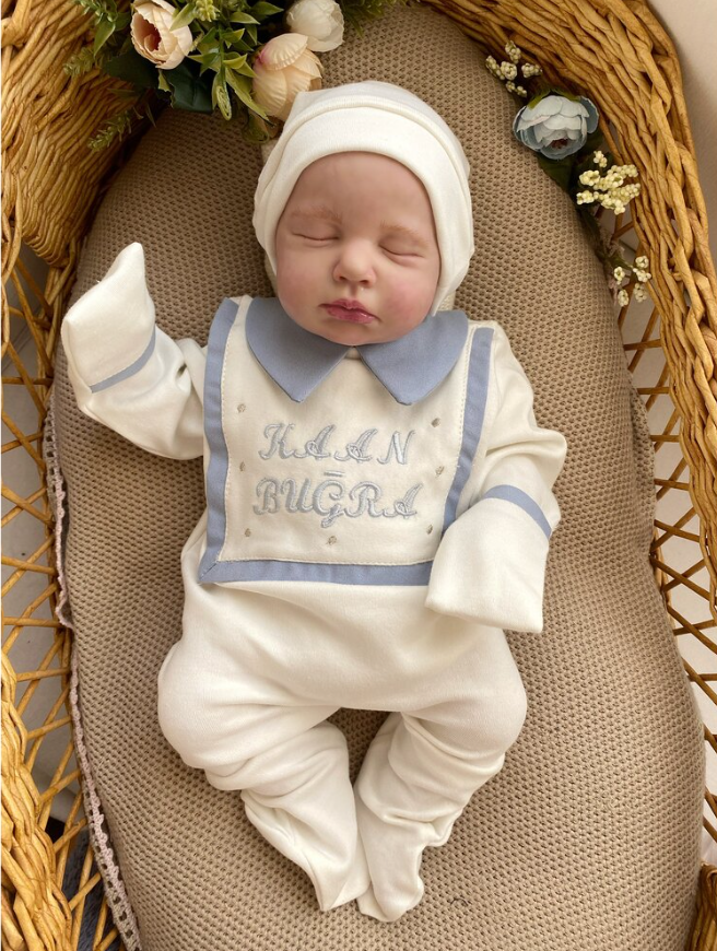 Blue Bib Detailed Newborn Romper and Hat