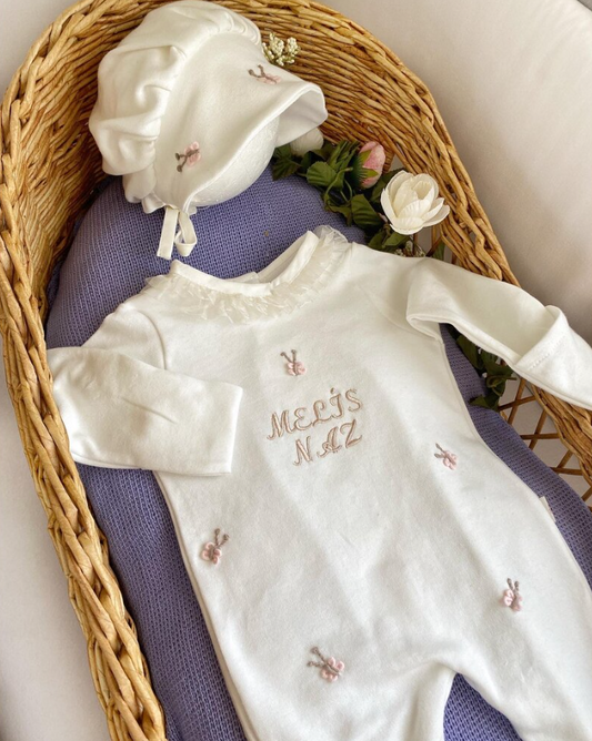 Hand Embroidered Butterfly Newborn Romper and Hat