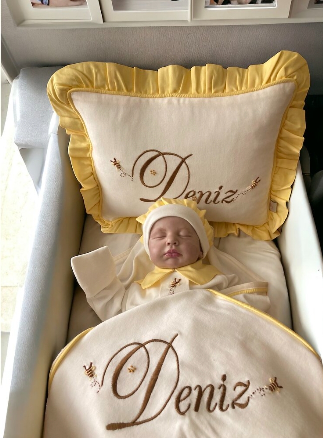 Hand Embroidered Girl Bee Set (Overalls, hat, blanket, pillow)