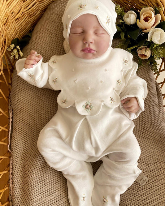 Pearl Rose - Flower Collar Pearl Detailed Jumpsuit and Hat