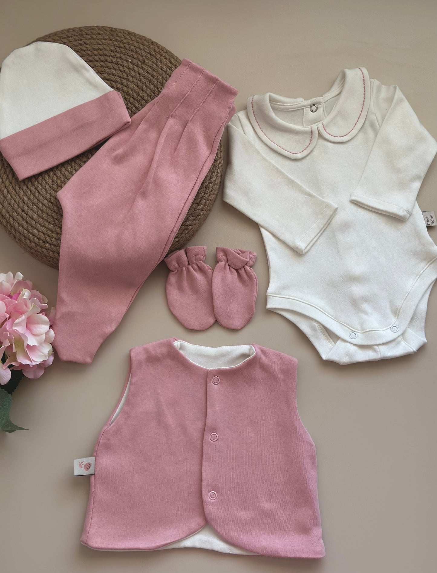 Dusty Rose 5-Pack Hospital Set (Vest, Snap Bodysuit, Pleated Trousers, Beanie, Gloves)