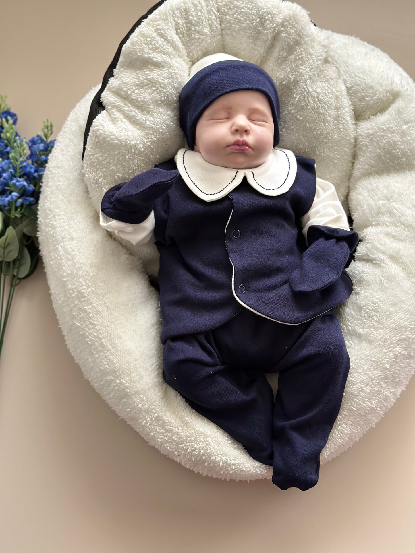 Navy Blue 5-Piece Hospital Set (Vest, Snap Bodysuit, Pleated Trousers, Beanie, Gloves)