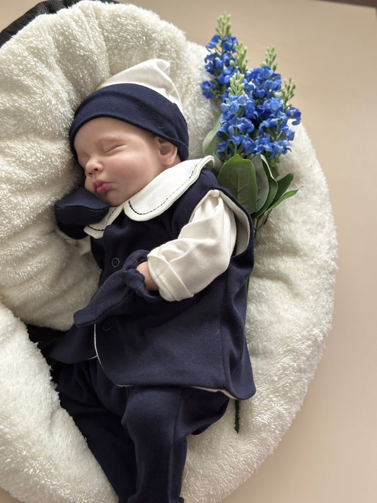 Navy Blue 5-Piece Hospital Set (Vest, Snap Bodysuit, Pleated Trousers, Beanie, Gloves)