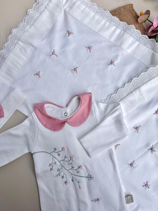 Pembe Dal Çiçekli Tulum ve Battaniye Set