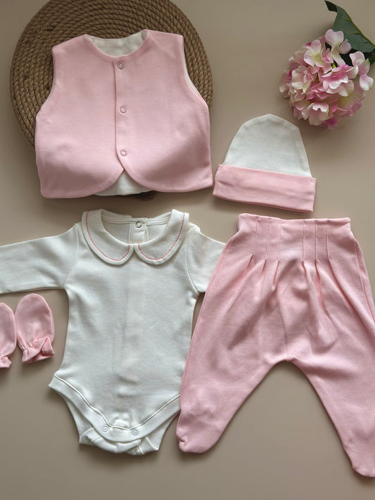 Pembe 5’li Hastane Çıkışı Set (Yelek, Çıtçıtlı Body, Pileli Pantolon, Bere, Eldiven)