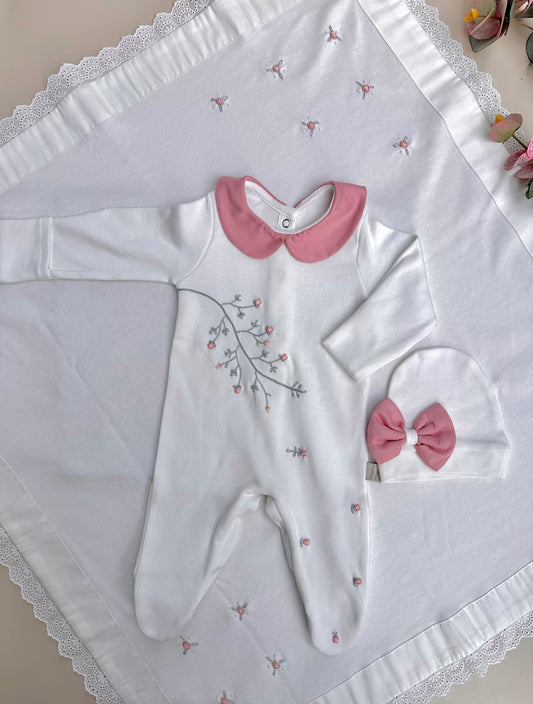 Pembe Dal Çiçekli Tulum ve Battaniye Set