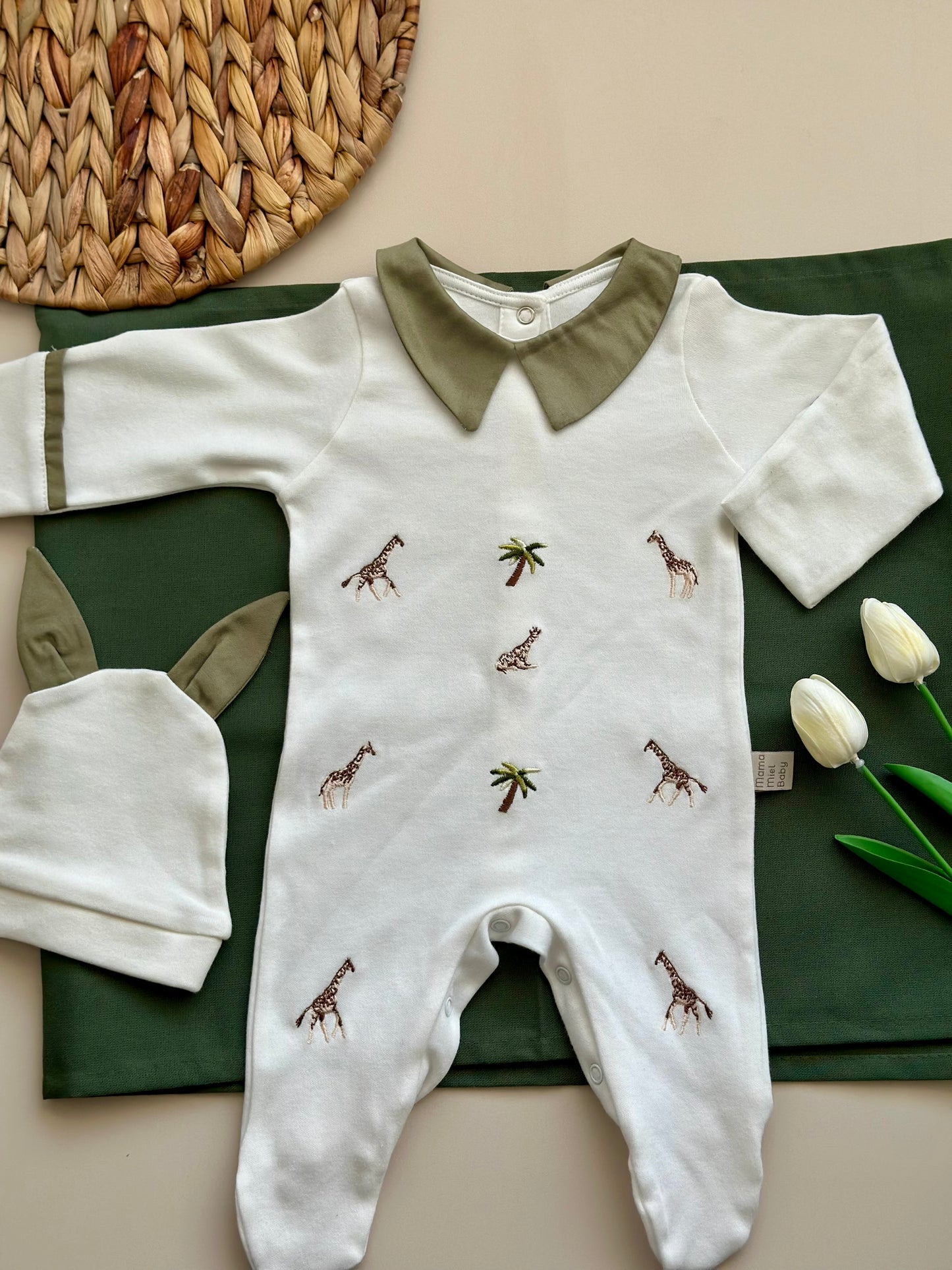 Minimal Giraffe Overalls and Hat - Khaki