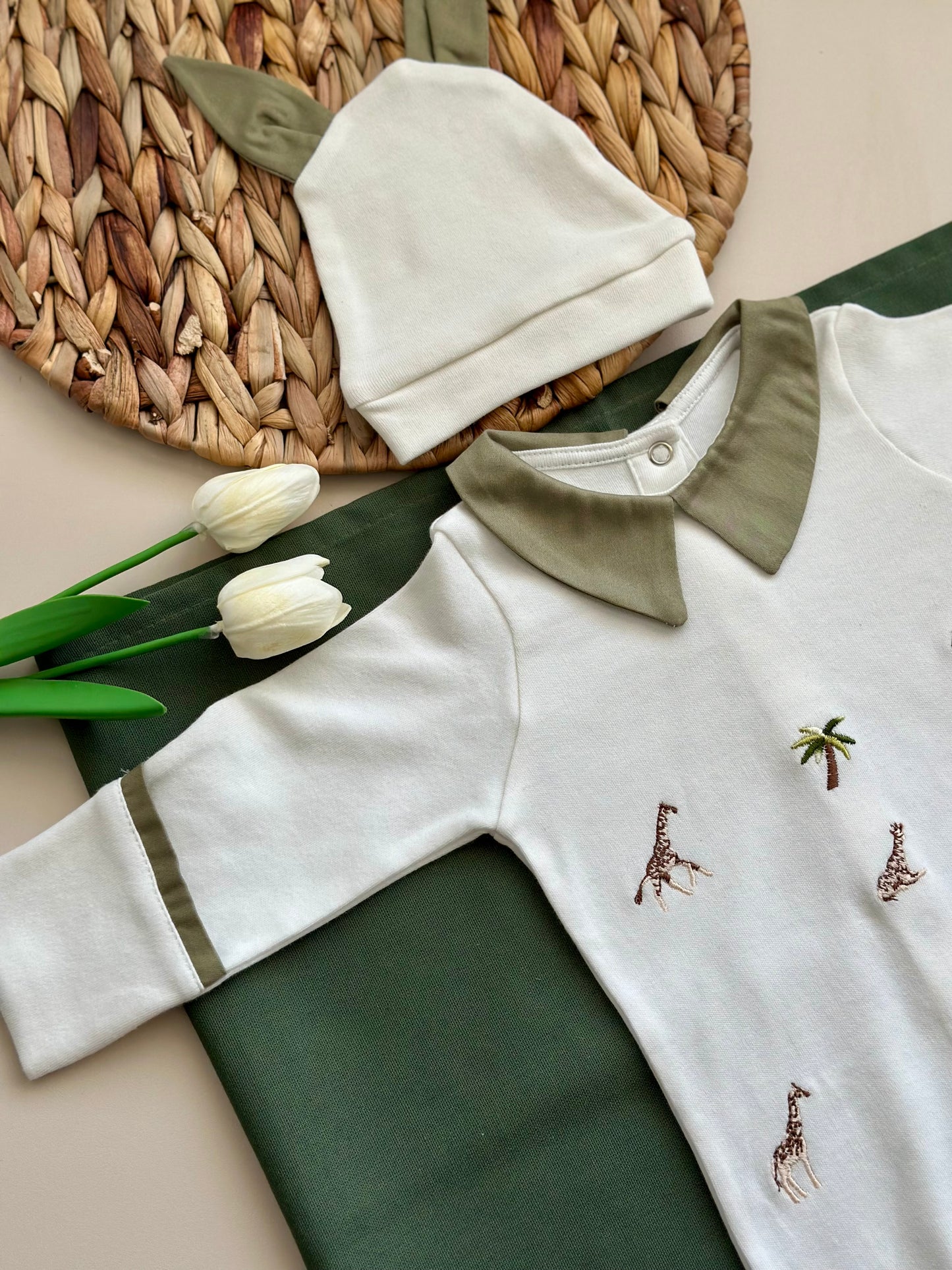 Minimal Giraffe Overalls and Hat - Khaki