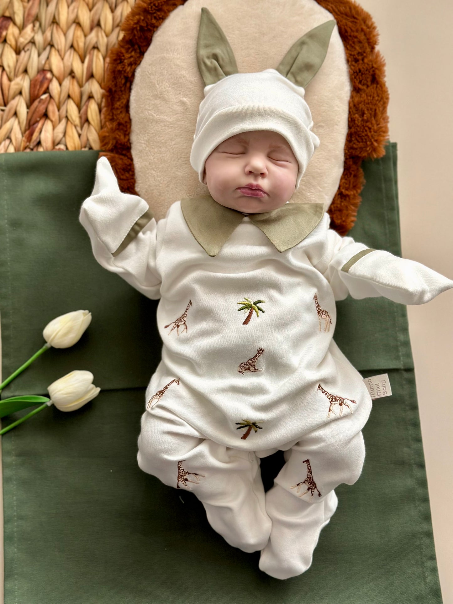 Minimal Giraffe Overalls and Hat - Khaki