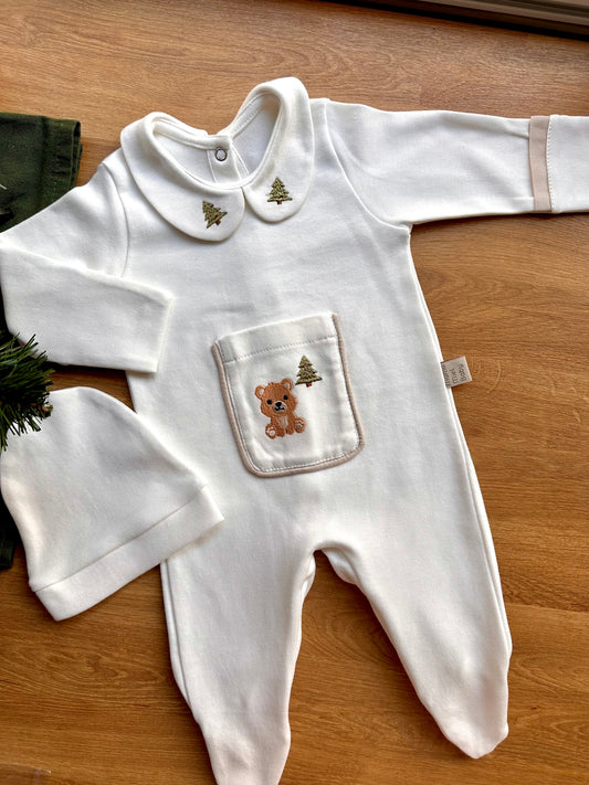 Orman Serisi - Ayılı Tulum ve Bere (Süs Cep Detaylı)