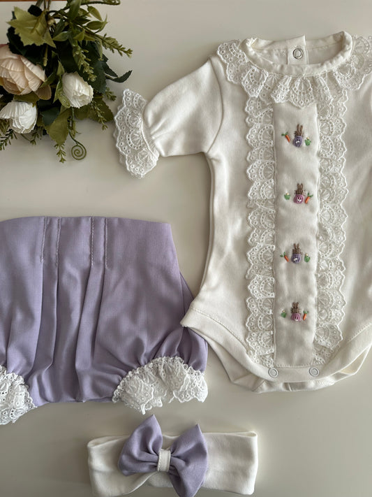 Purple Scalloped Shorts, Short Sleeve Rabbit Snap Bodysuit and Bandana Set