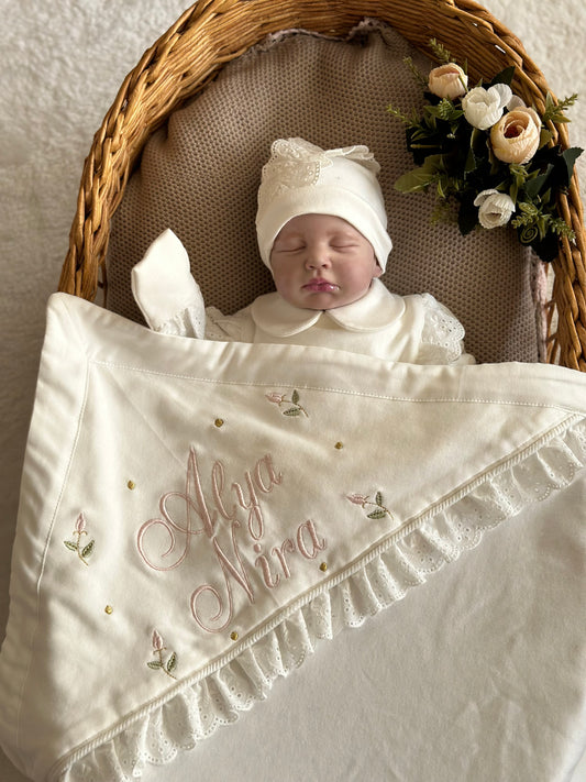 Scattered Floral Set - Double Name Writable (Overalls, hat, blanket, pillow)