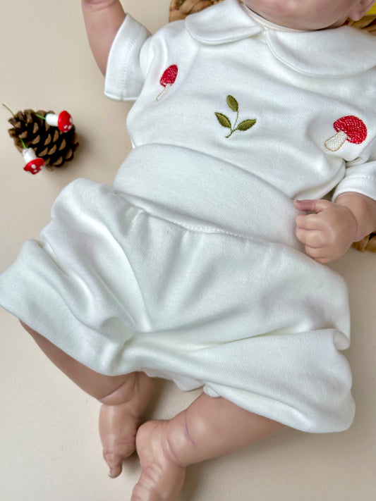 Mantar Nakışlı Çıtçıtlı Kısa Kollu Body ve Ekru Penye Balon Şort Takım