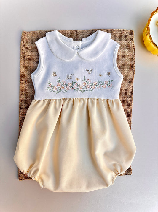 Vintage Çiçek Nakışlı Sarı Kız Bebek Yazlık Romper