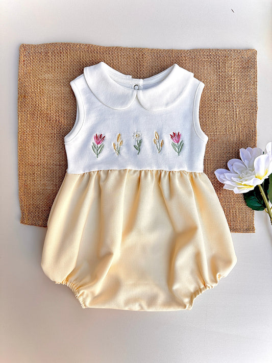 Minik Çiçek Nakışlı Sarı Kız Bebek Yazlık Romper Tulum / Layla