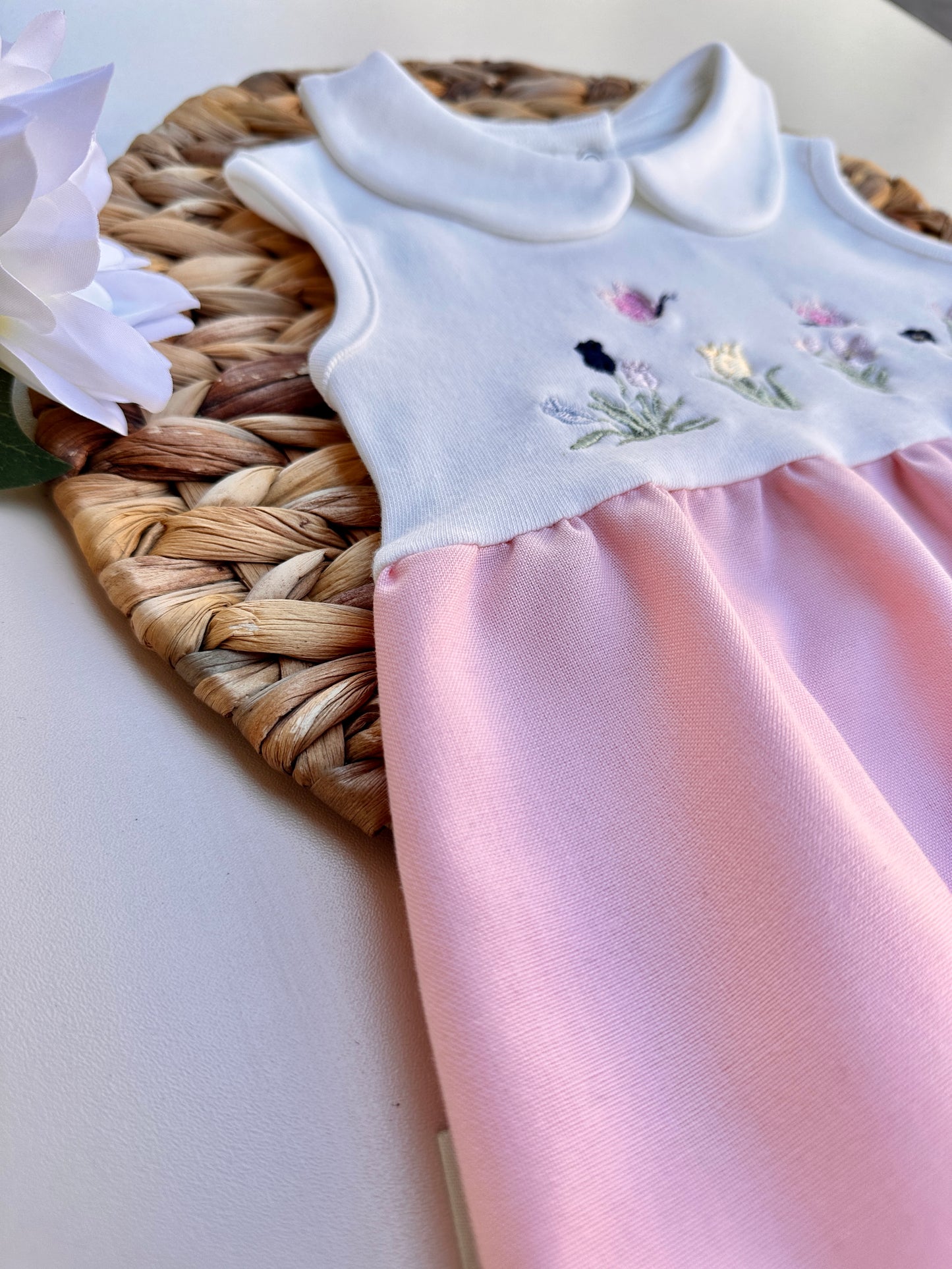 Lale Nakışlı Pembe Kız Bebek Yazlık Romper
