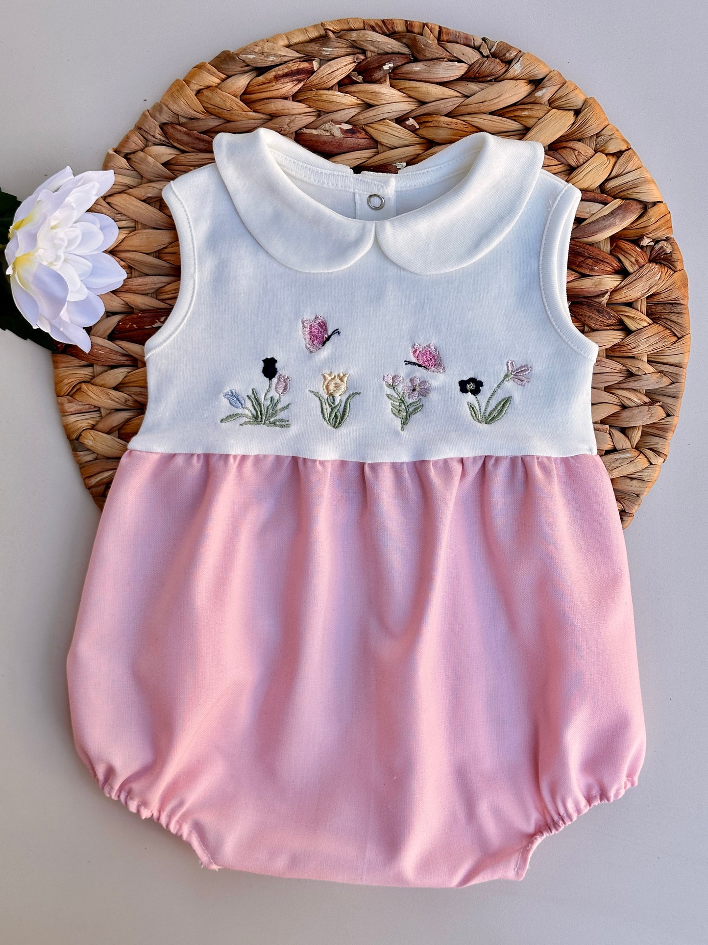 Lale Nakışlı Pembe Kız Bebek Yazlık Romper