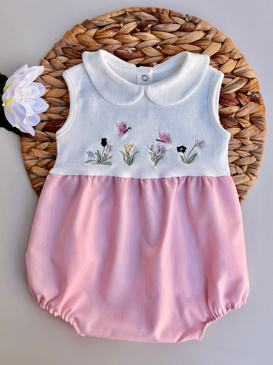 Lale Nakışlı Pembe Kız Bebek Yazlık Romper