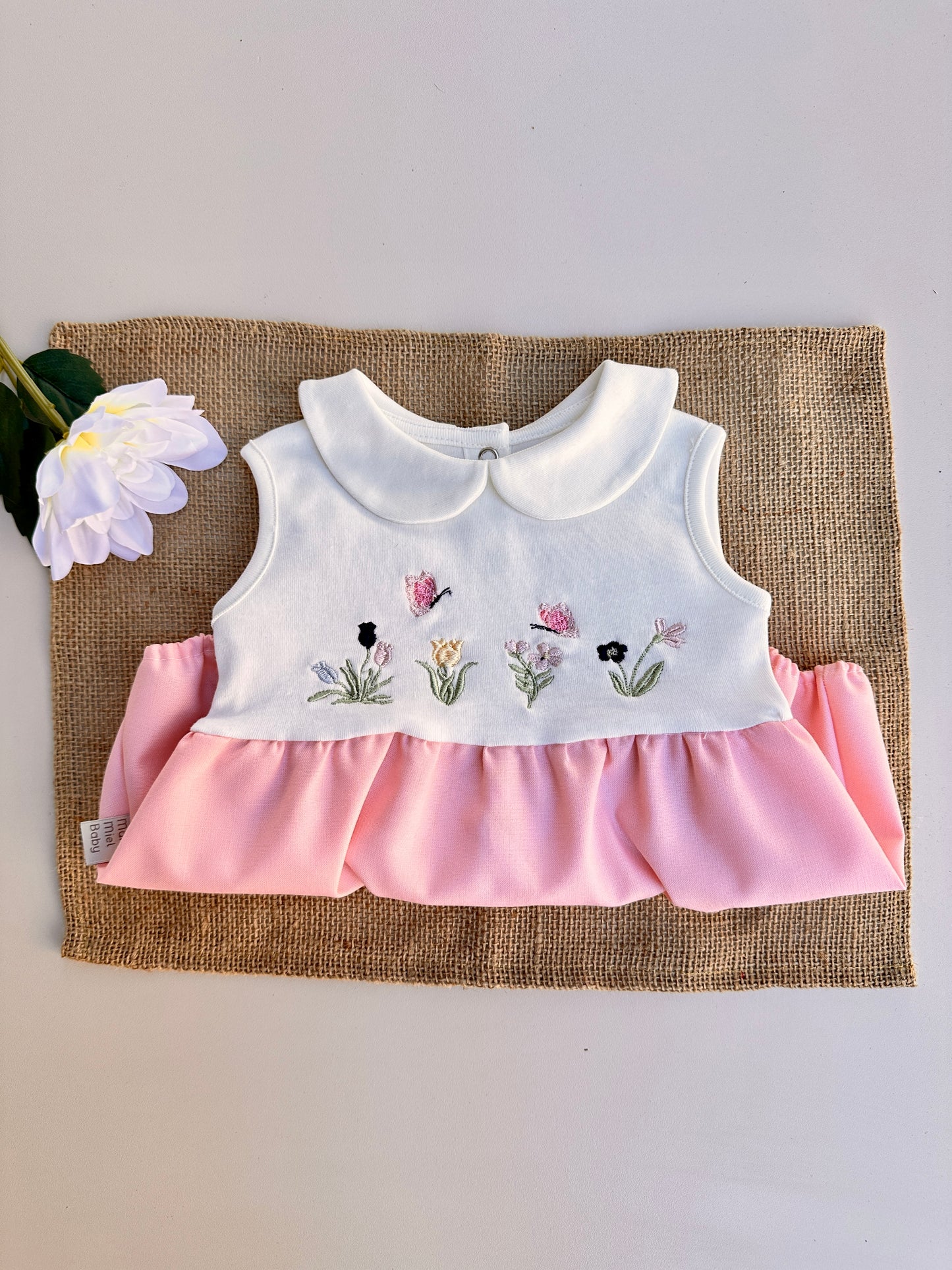 Lale Nakışlı Pembe Kız Bebek Yazlık Romper
