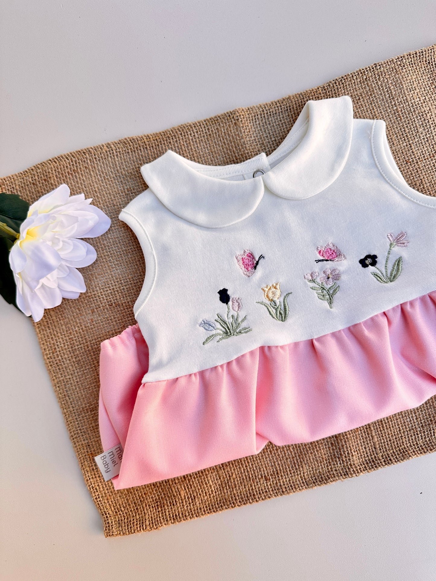 Lale Nakışlı Pembe Kız Bebek Yazlık Romper