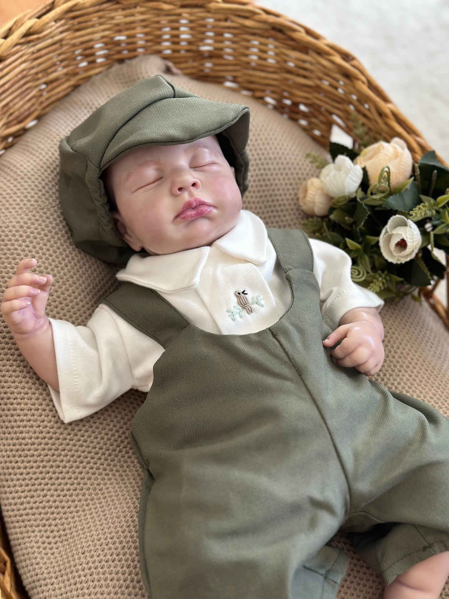 Khaki Bird Printed Overalls Set