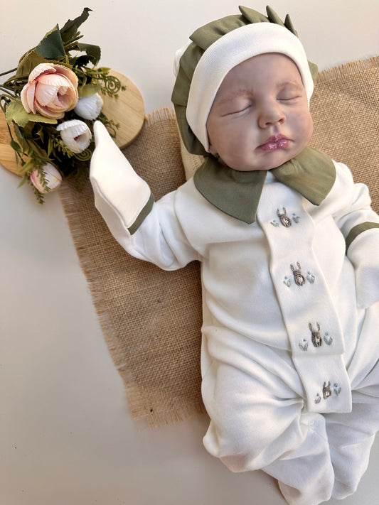 Haki Tavşanlı Tulum ve Fırfırlı Bere Şapkası