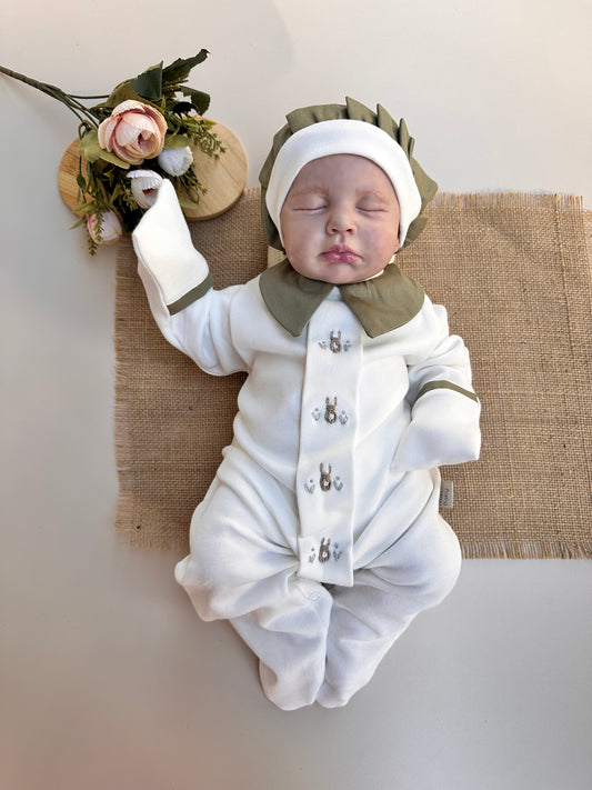 Haki Tavşanlı Tulum ve Fırfırlı Bere Şapkası