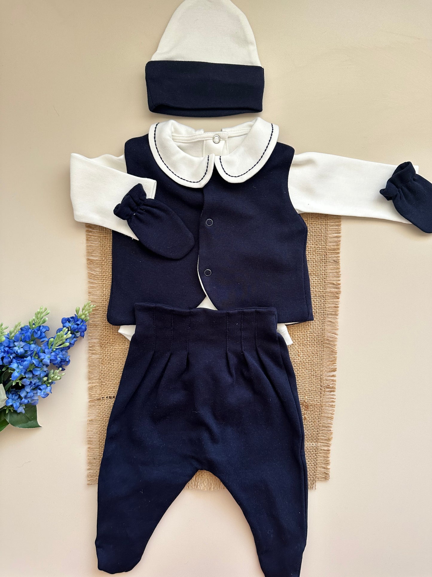 Navy Blue 5-Piece Hospital Set (Vest, Snap Bodysuit, Pleated Trousers, Beanie, Gloves)