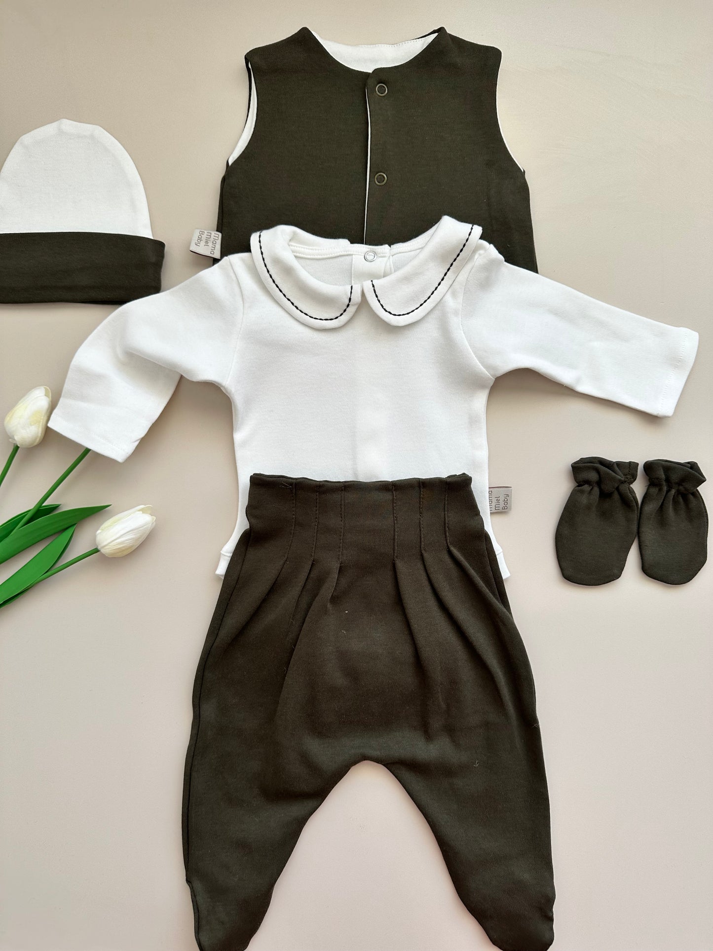 Khaki 5-Piece Hospital Set (Vest, Snap Bodysuit, Pleated Trousers, Beanie, Gloves)