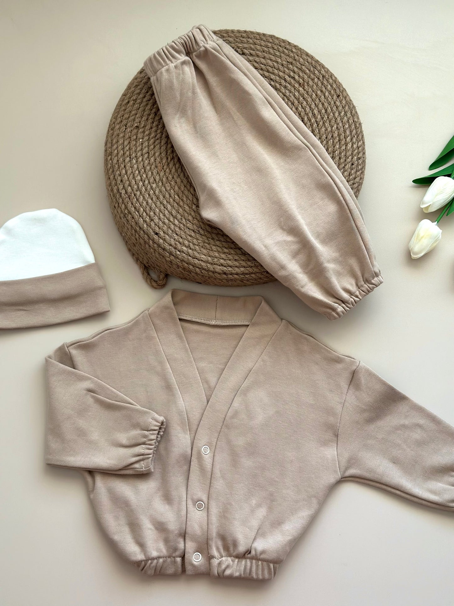 Sütlü Kahve Ceket-Pantolon-Bere Takım - %100 Pamuk