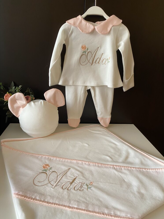 Flower Collar, Booties, Bottom Gloves, Top, Hat and Blanket, Hospital Exit