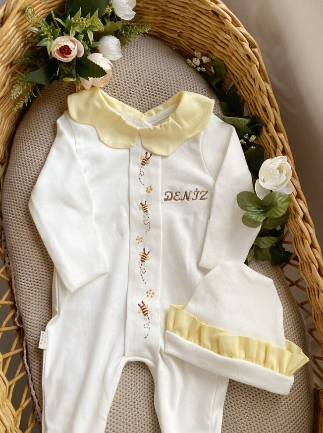 Hand Embroidered Girl Bee Overalls and Hat