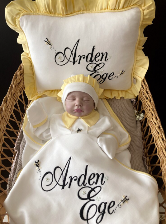 Handmade Male Bee Set (Overalls, hat, blanket, pillow)